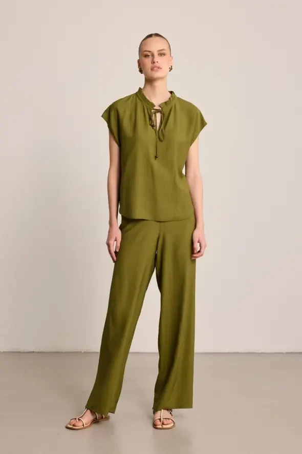 Ruffled Collar Blouse with Beaded Accessories - Khaki - 2