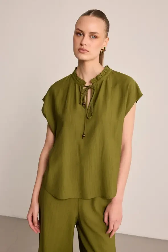 Ruffled Collar Blouse with Beaded Accessories - Khaki - 1