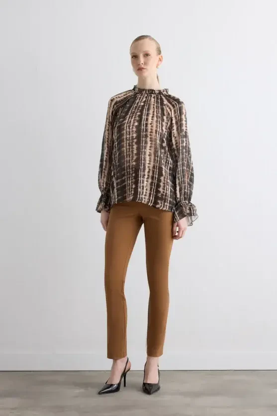 Ruffled Collar Foil Pattern Blouse - Brown - Gusto