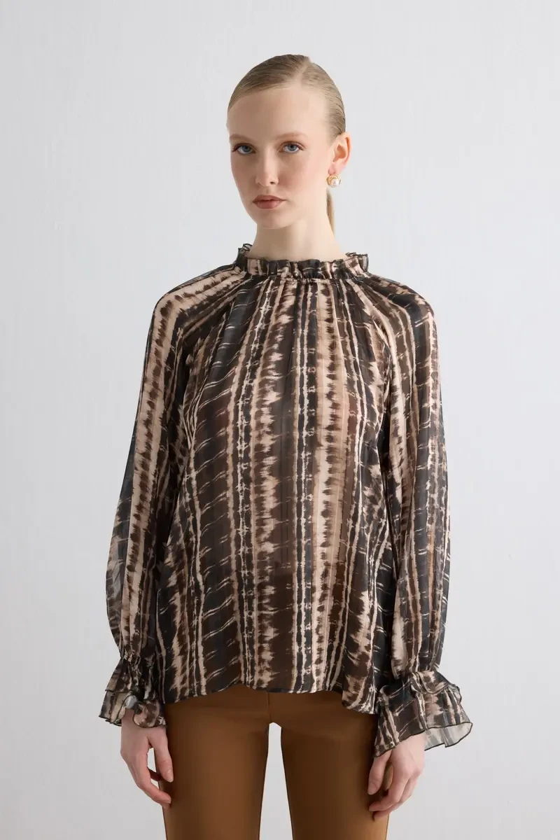 Ruffled Collar Foil Pattern Blouse - Brown Brown