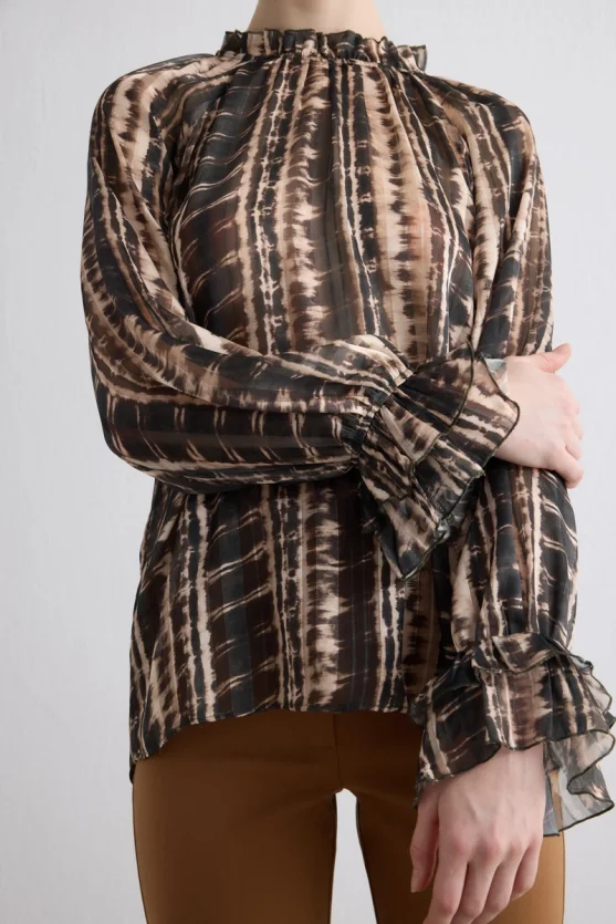 Ruffled Collar Foil Pattern Blouse Brown - Gusto