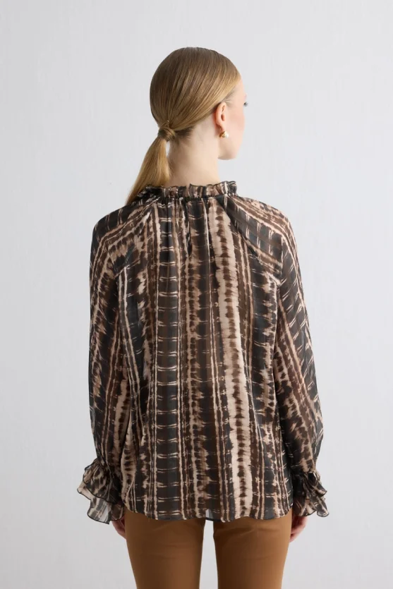 Ruffled Collar Foil Pattern Blouse Brown - Gusto