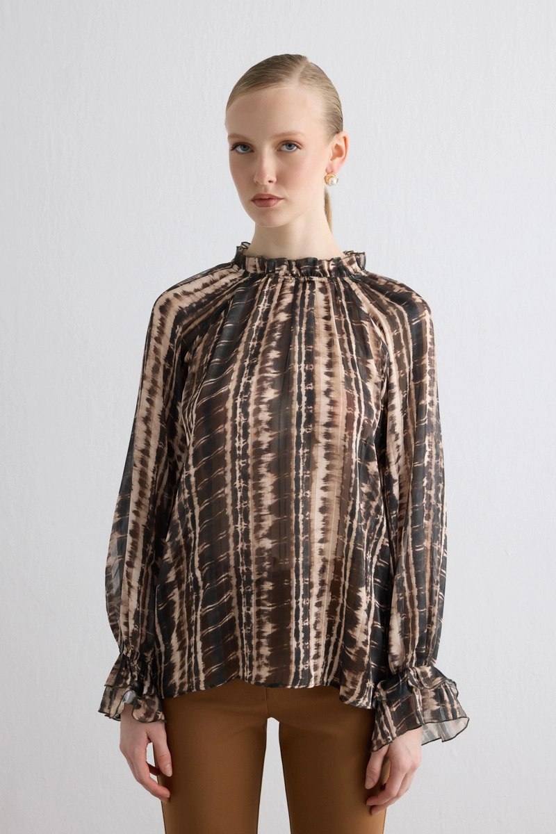 Ruffled Collar Foil Pattern Blouse Brown Brown