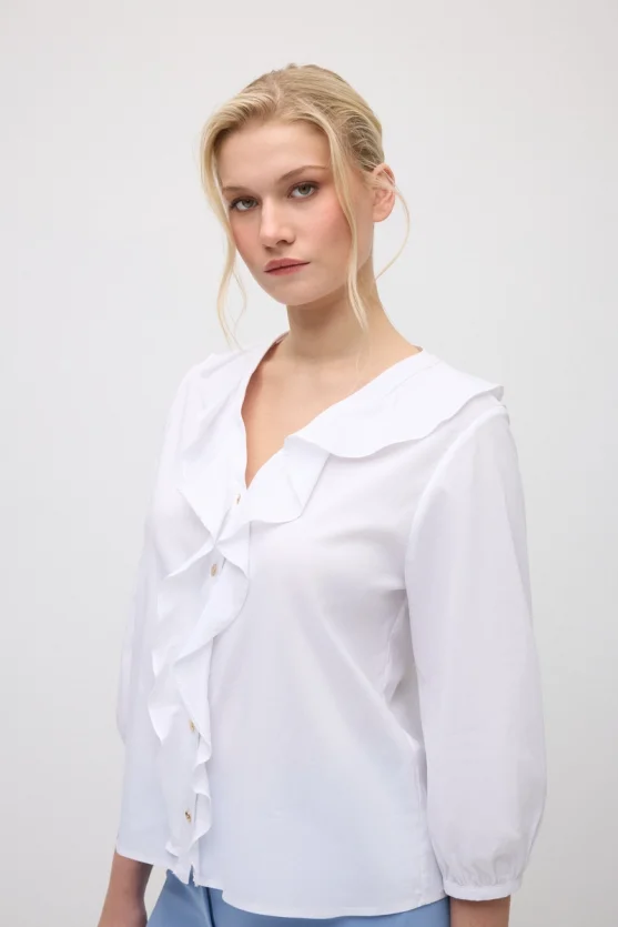 Ruffled Cotton Shirt - White - 3