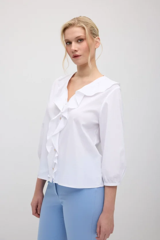 Ruffled Cotton Shirt - White - 5
