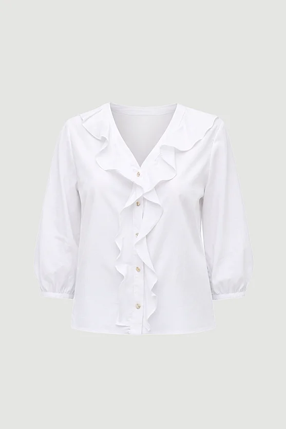 Ruffled Cotton Shirt - White - 7
