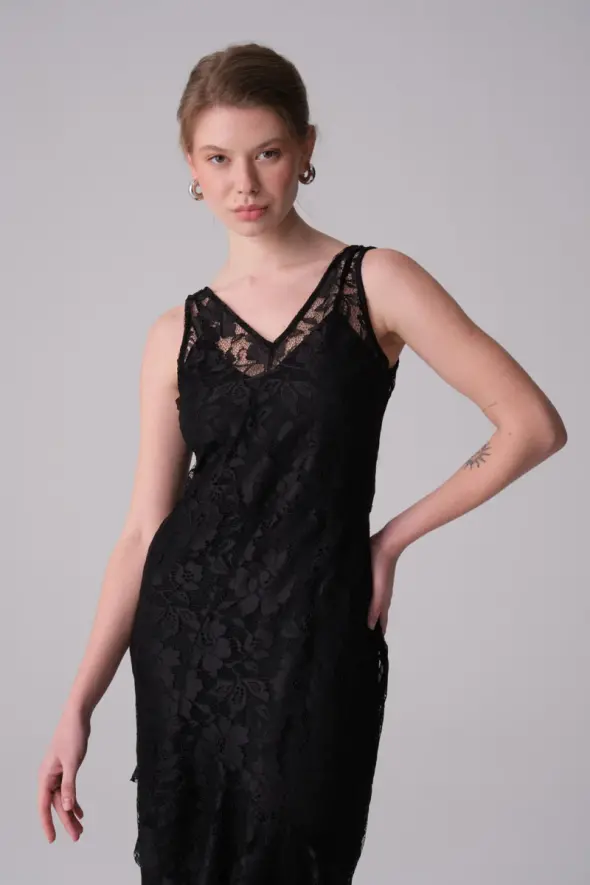Ruffled Lace Evening Dress - Black - 3