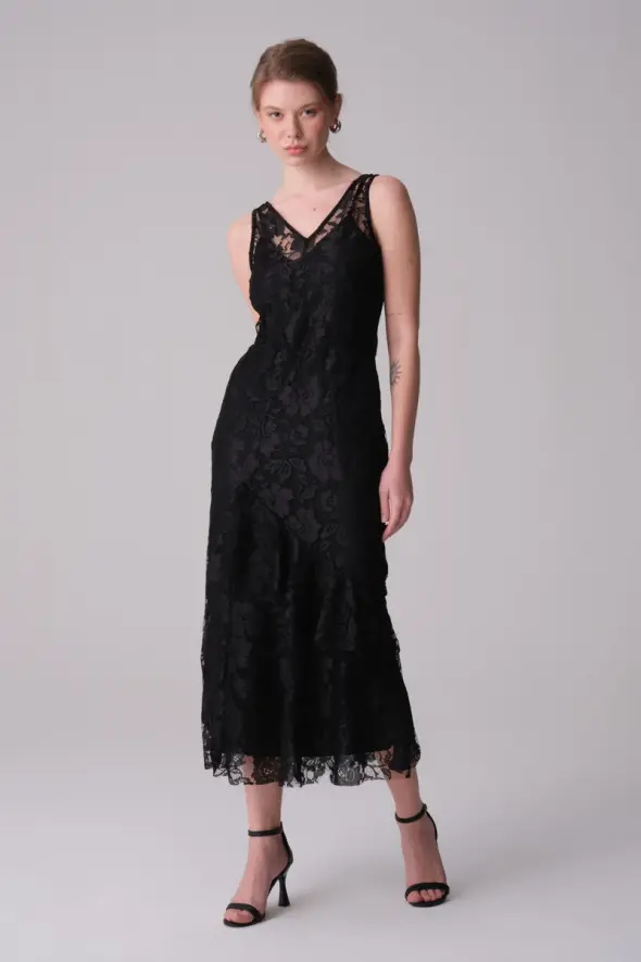 Ruffled Lace Evening Dress - Black - 2