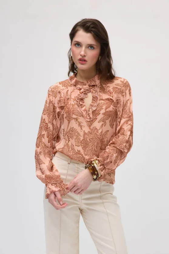 Ruffled Leaf Print Rayon Chiffon Blouse - Pink - 4