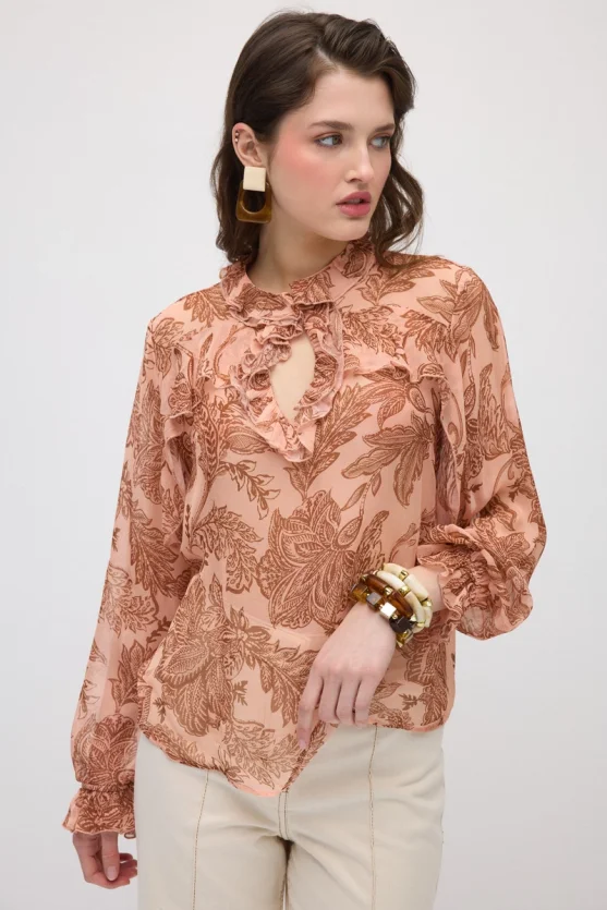 Ruffled Leaf Print Rayon Chiffon Blouse - Pink - 7