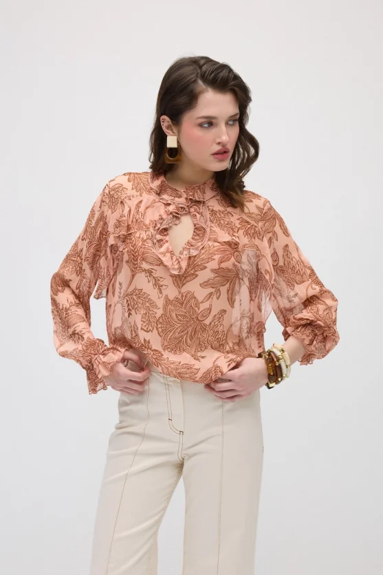 Ruffled Leaf Print Rayon Chiffon Blouse - Pink - Gusto