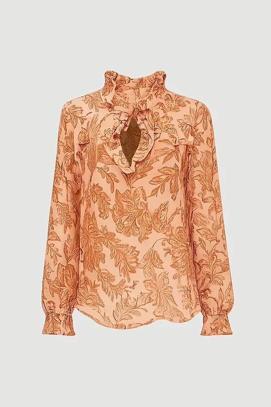 Ruffled Leaf Print Rayon Chiffon Blouse - Pink - 8