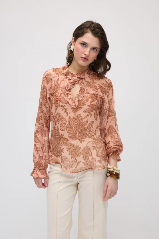 Ruffled Leaf Print Rayon Chiffon Blouse - Pink - Gusto
