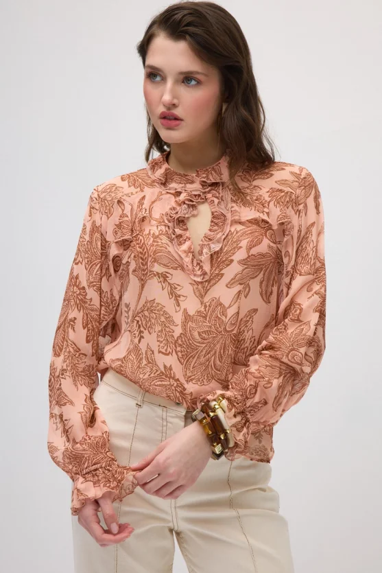 Ruffled Leaf Print Rayon Chiffon Blouse - Pink - Gusto