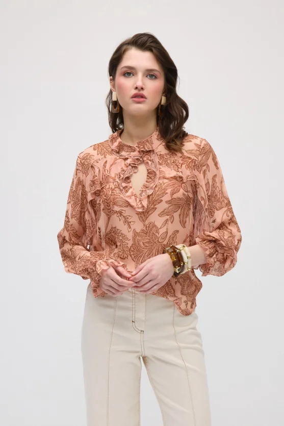 Ruffled Leaf Print Rayon Chiffon Blouse - Pink - Gusto