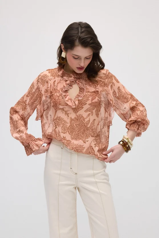 Ruffled Leaf Print Rayon Chiffon Blouse - Pink - Gusto