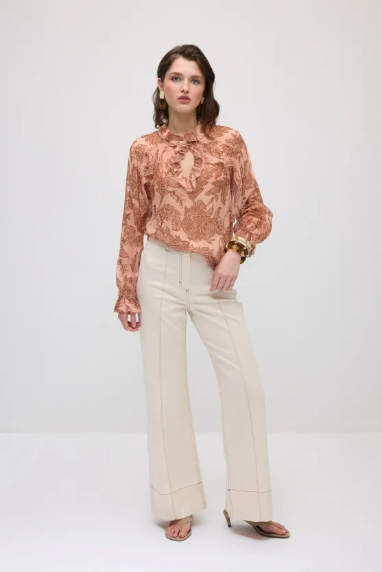 Ruffled Leaf Print Rayon Chiffon Blouse - Pink - Gusto