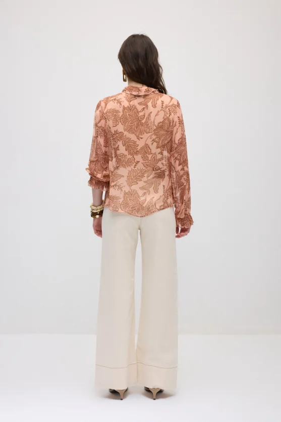 Ruffled Leaf Print Rayon Chiffon Blouse - Pink - Gusto