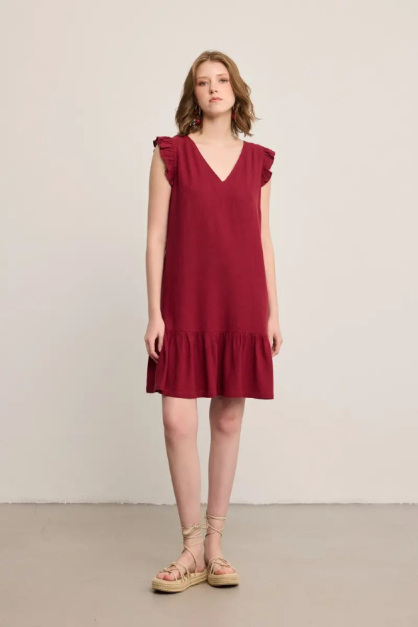 Ruffled Linen Dress - Burgundy - Gusto