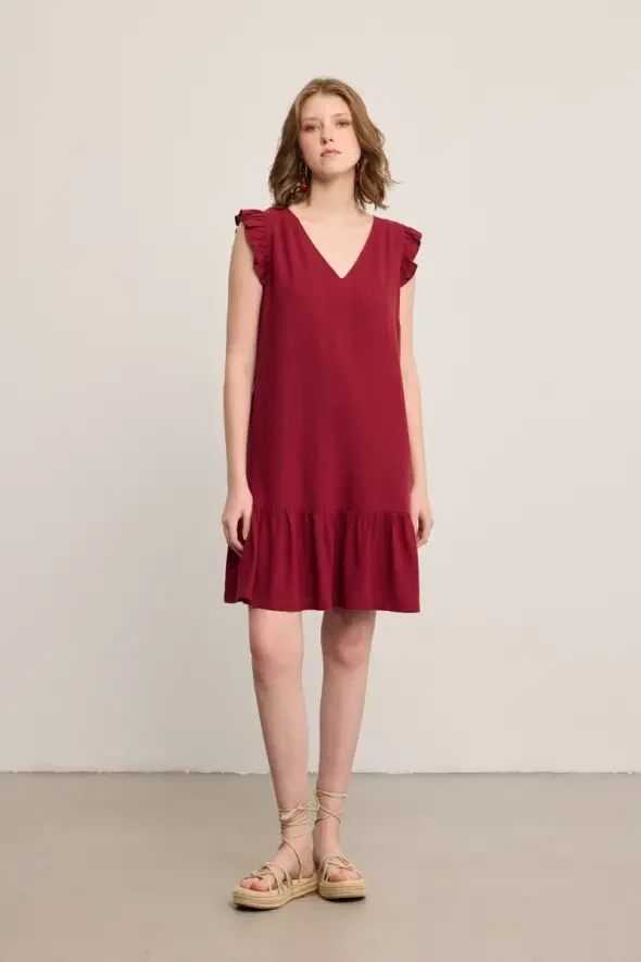 Ruffled Linen Dress - Burgundy - 2
