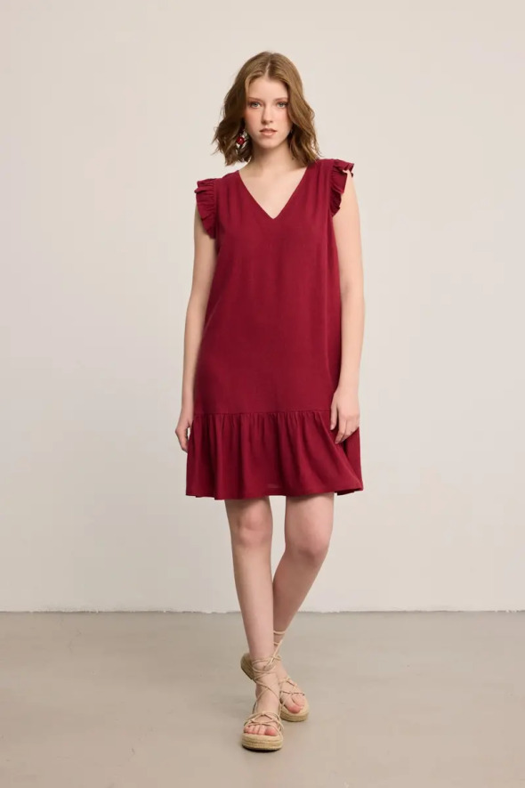 Ruffled Linen Dress - Burgundy - Gusto
