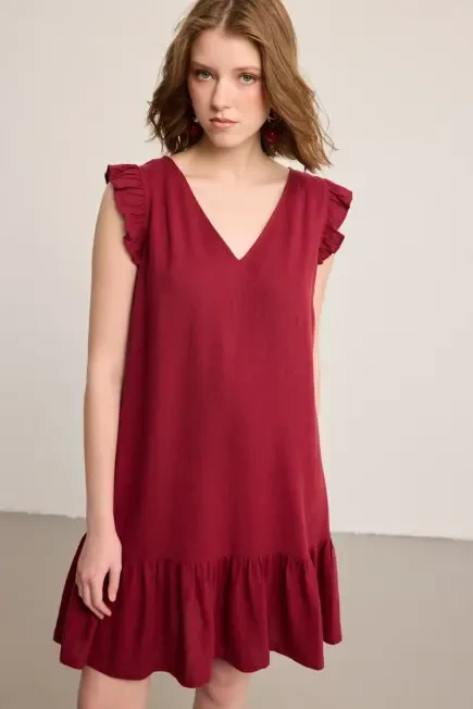 Ruffled Linen Dress - Burgundy Burgundy