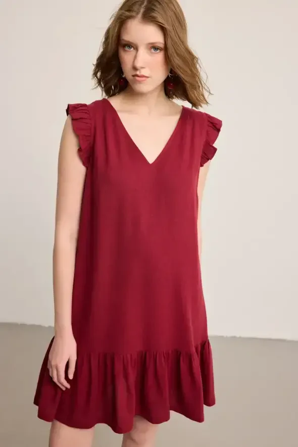 Ruffled Linen Dress - Burgundy - Gusto