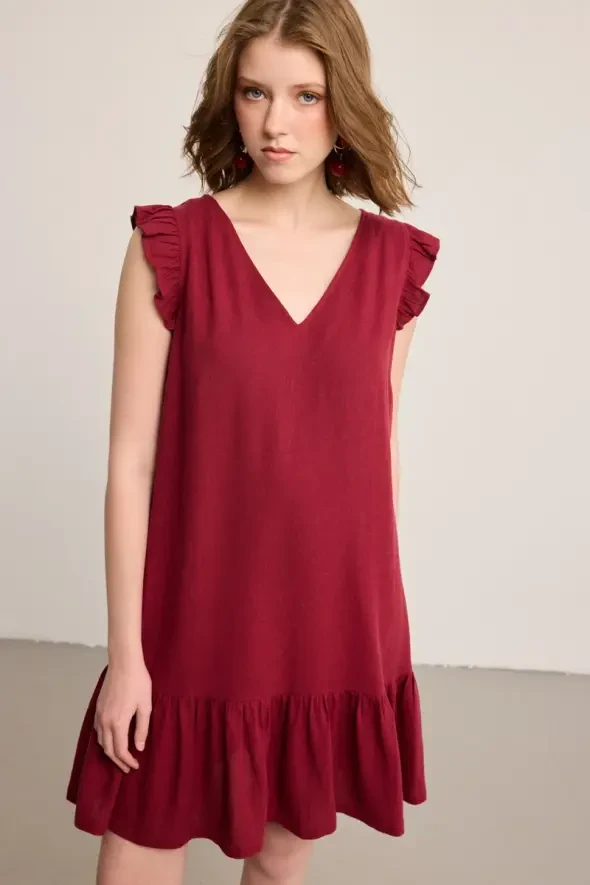 Ruffled Linen Dress - Burgundy - 1