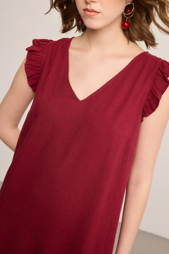 Ruffled Linen Dress - Burgundy - Gusto