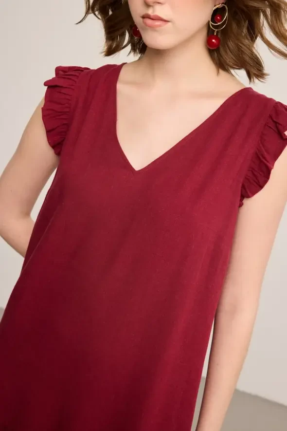 Ruffled Linen Dress - Burgundy - 4