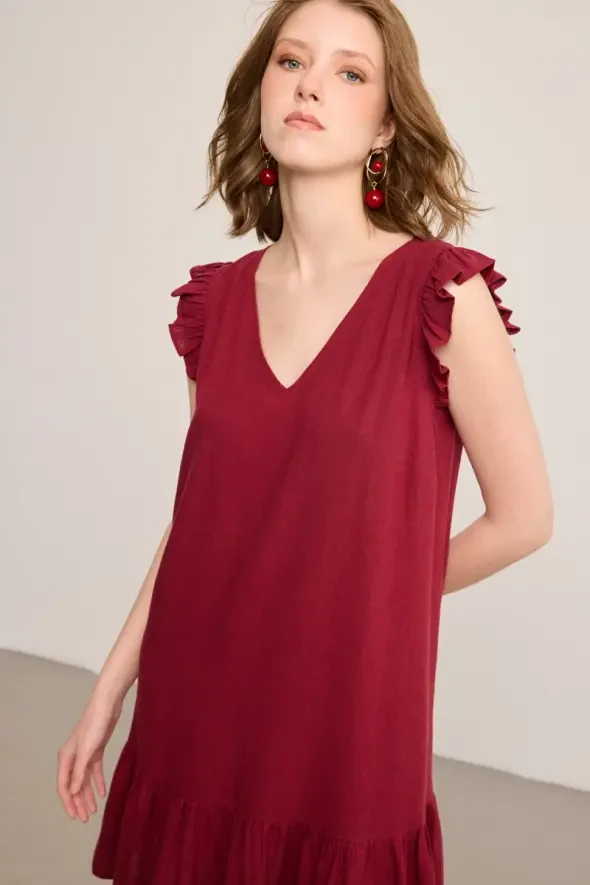 Ruffled Linen Dress - Burgundy - 5