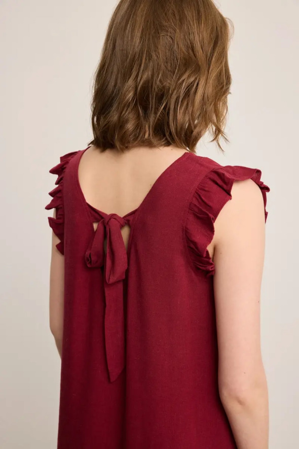 Ruffled Linen Dress - Burgundy - Gusto