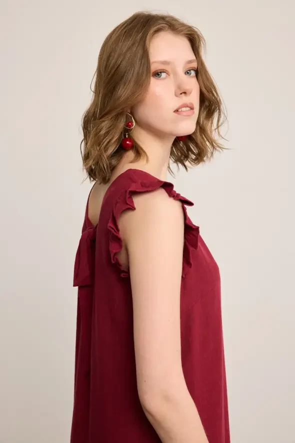 Ruffled Linen Dress - Burgundy - 7