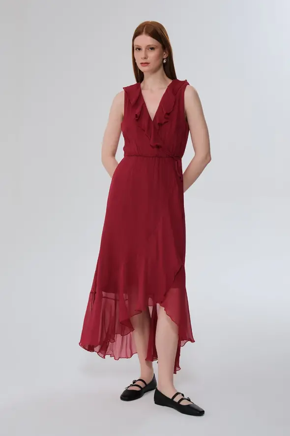 Ruffled Long Viscose Chiffon Dress - Cherry - 2
