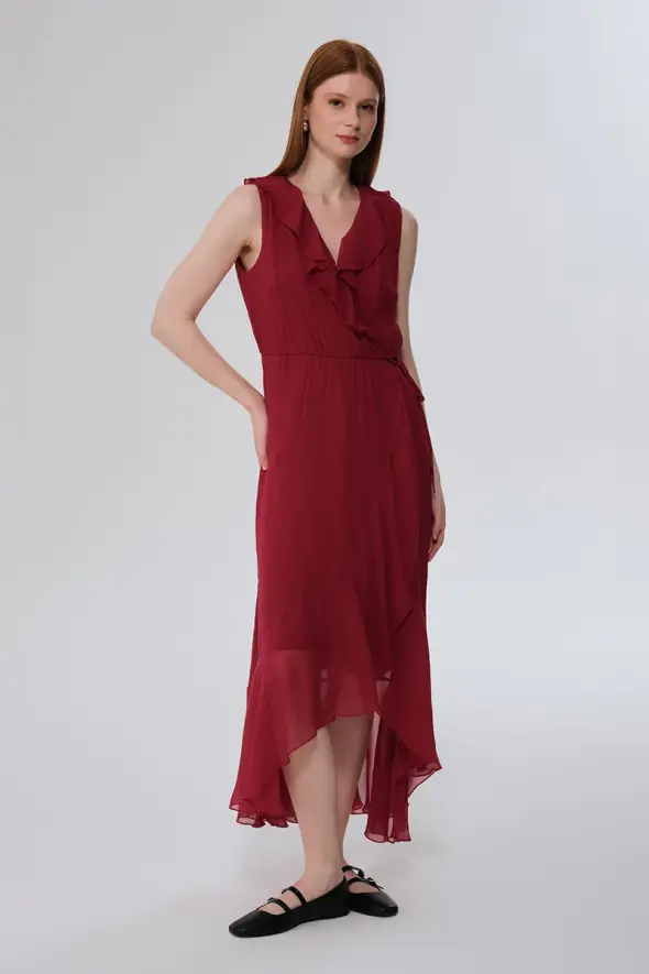 Ruffled Long Viscose Chiffon Dress - Cherry - 3