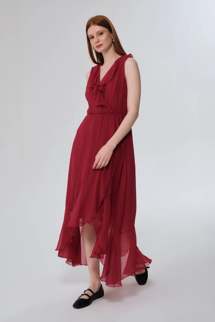 Ruffled Long Viscose Chiffon Dress - Cherry Vişne