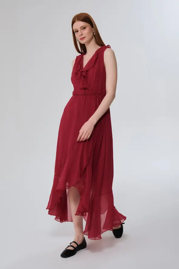 Ruffled Long Viscose Chiffon Dress - Cherry - 1