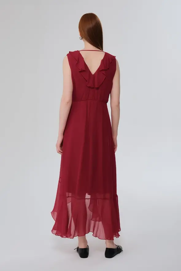 Ruffled Long Viscose Chiffon Dress - Cherry - 7