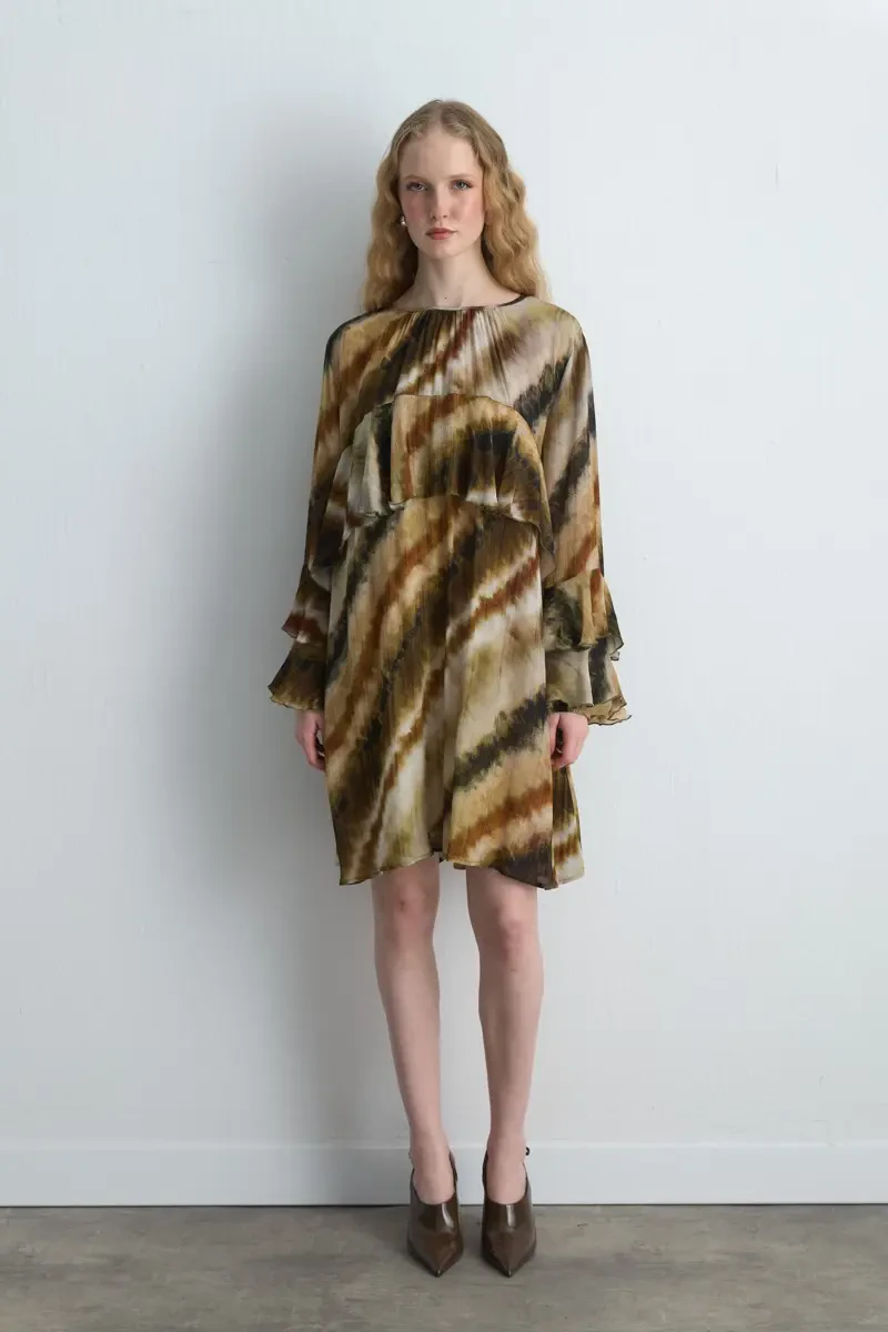 Ruffled Relaxed Fit Short Dress - Beige - 1