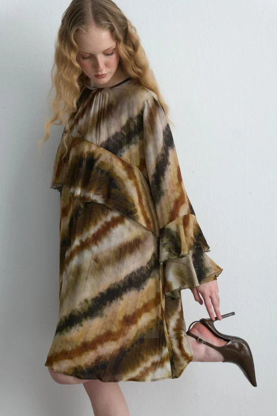 Ruffled Relaxed Fit Short Dress - Beige - Gusto