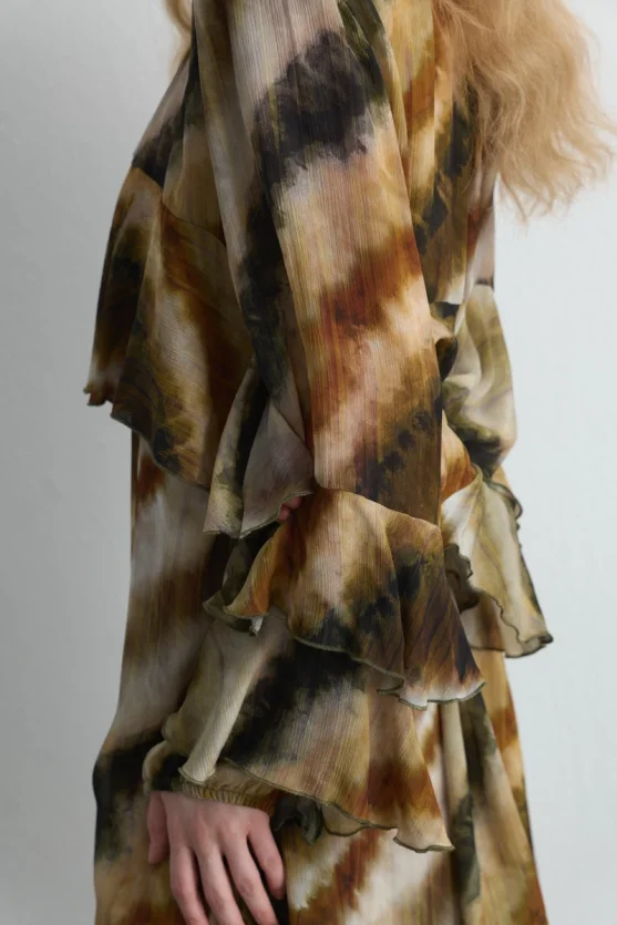 Ruffled Relaxed Fit Short Dress - Beige - Gusto