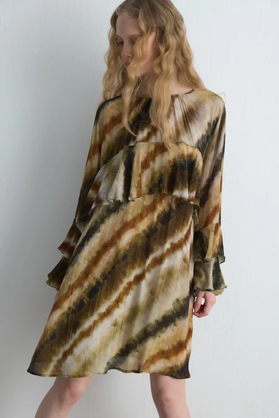 Ruffled Relaxed Fit Short Dress Beige - 2