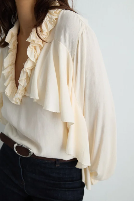 Ruffled Viscose Shirt - Ecru - 2