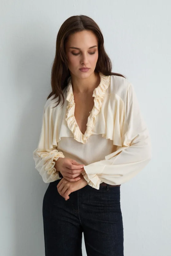 Ruffled Viscose Shirt - Ecru - 4