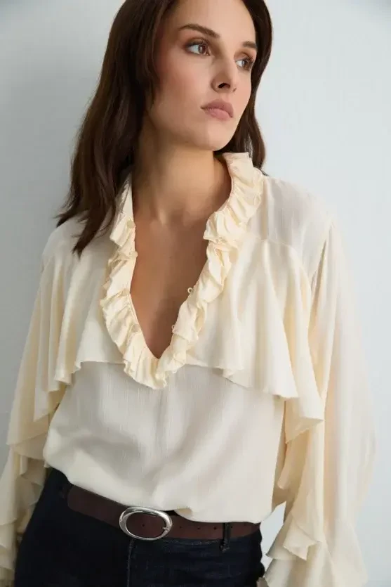 Ruffled Viscose Shirt - Ecru - Gusto