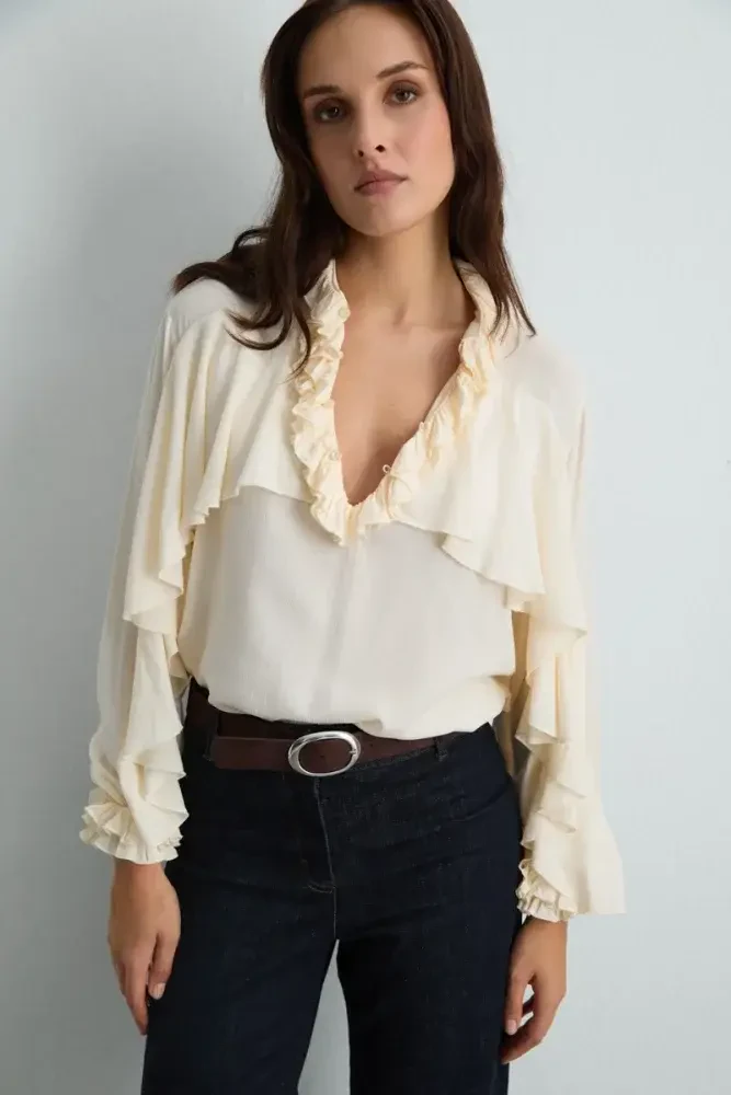 Ruffled Viscose Shirt - Ecru - Gusto