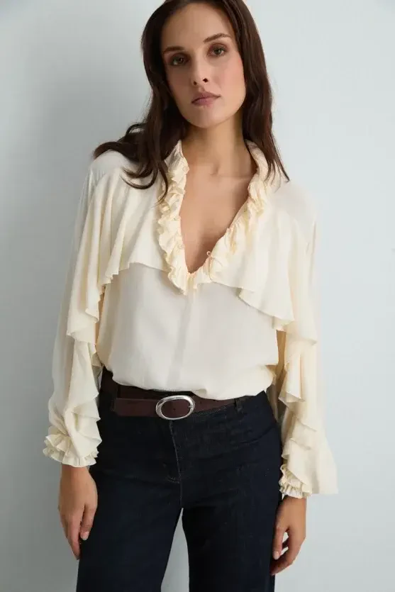 Ruffled Viscose Shirt - Ecru - 1