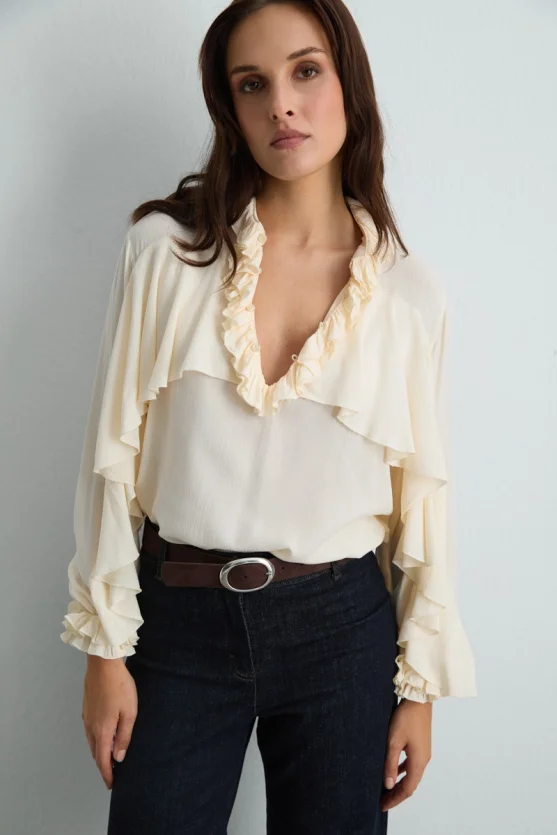 Ruffled Viscose Shirt Ecru - 5