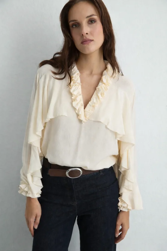 Ruffled Viscose Shirt Ecru - 1