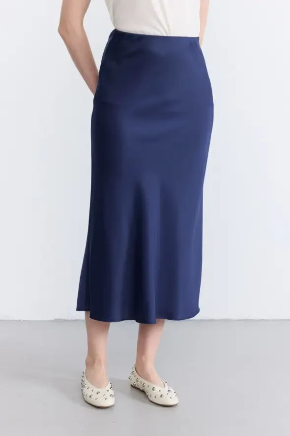 Satin Bias Skirt - Navy - 2